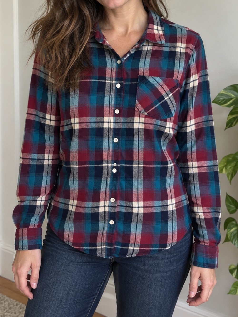 Aeropostale Teal, Burgundy & Cream Plaid Button-Down Shirt